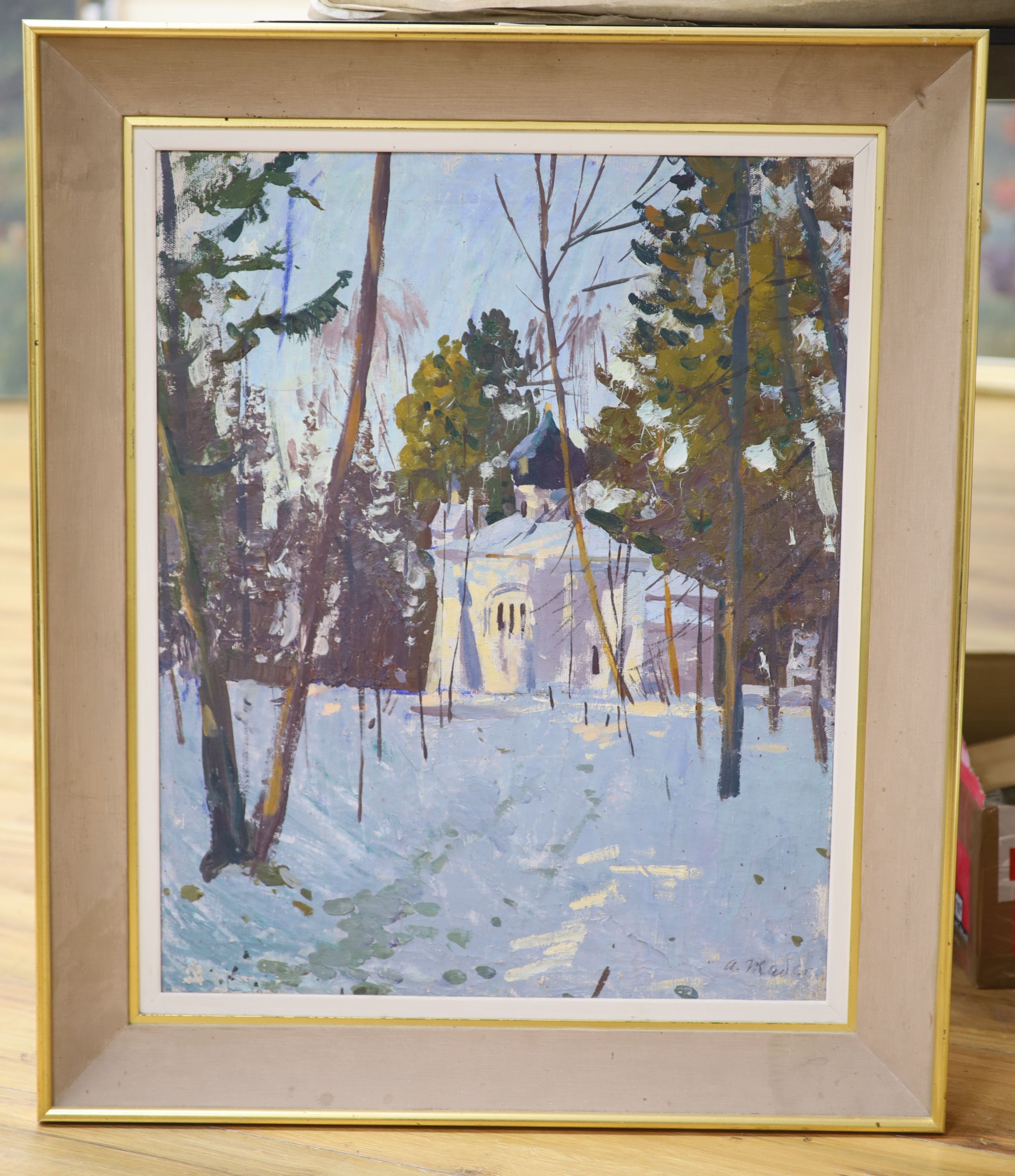 Russian School, oil on canvas, Church in a winter landscape, signed and inscribed verso, 58 x 46cm